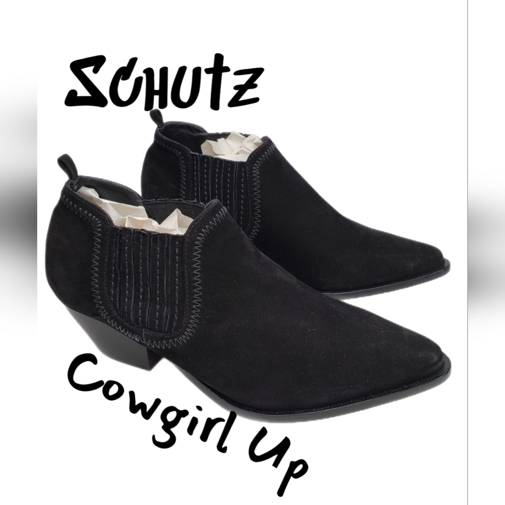 SCHUTZ Black Suede Cowgirl Ankle Boots